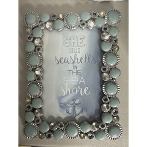 "She Sells Seashells By The SEA Shore" Teal Blue Rhinestones 4 X 6 Picture Frame